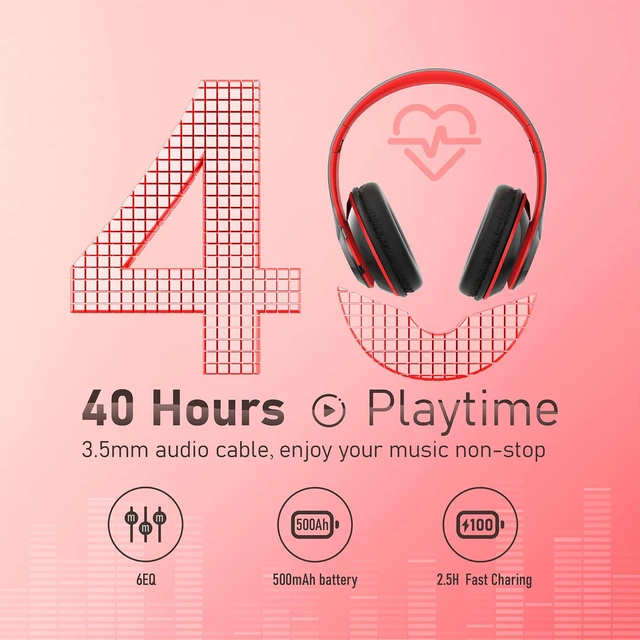 Alt view image 2 of 7 - Bluetooth Headphones Over Ear, 6S Foldable Wireless Headphones with 6 EQ Modes, 40 Hours Playtime HiFi Stereo Headset with Mic, Soft Ear Pads, TF/FM for Cellphone/PC/Home (Red)