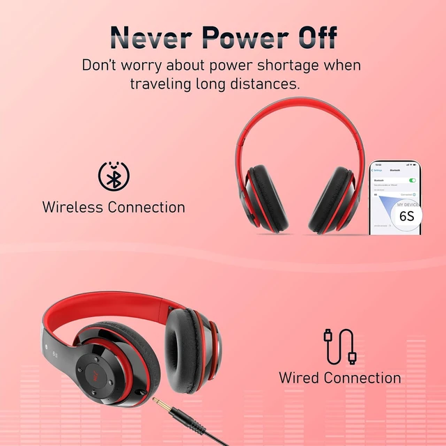 Alt view image 5 of 7 - Bluetooth Headphones Over Ear, 6S Foldable Wireless Headphones with 6 EQ Modes, 40 Hours Playtime HiFi Stereo Headset with Mic, Soft Ear Pads, TF/FM for Cellphone/PC/Home (Red)