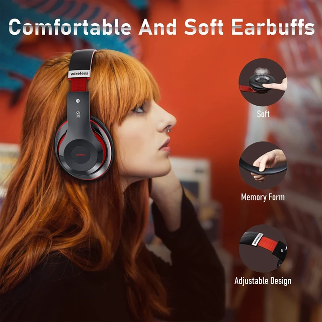 Alt view image 4 of 7 - Bluetooth Headphones Over Ear, 6S Foldable Wireless Headphones with 6 EQ Modes, 40 Hours Playtime HiFi Stereo Headset with Mic, Soft Ear Pads, TF/FM for Cellphone/PC/Home (Red)