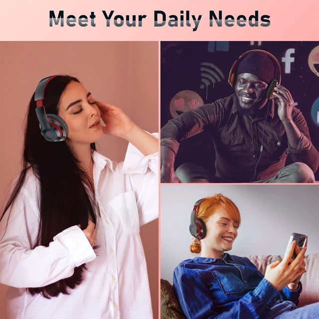 Alt view image 7 of 7 - Bluetooth Headphones Over Ear, 6S Foldable Wireless Headphones with 6 EQ Modes, 40 Hours Playtime HiFi Stereo Headset with Mic, Soft Ear Pads, TF/FM for Cellphone/PC/Home (Red)