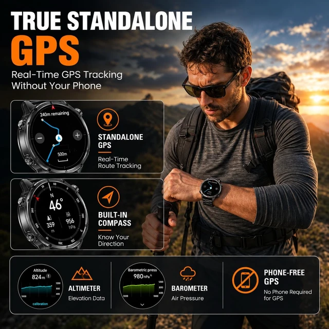 Alt view image 2 of 7 - Rugged Smart Watch for Men, Standalone GPS, 1.43" AMOLED, 3 Bands Altimeter, Compass & Barometer, 5ATM Waterproof, 24H GPS Tracking,15-Day Battery, Bluetooth Calls, For Android & iPhone,Black