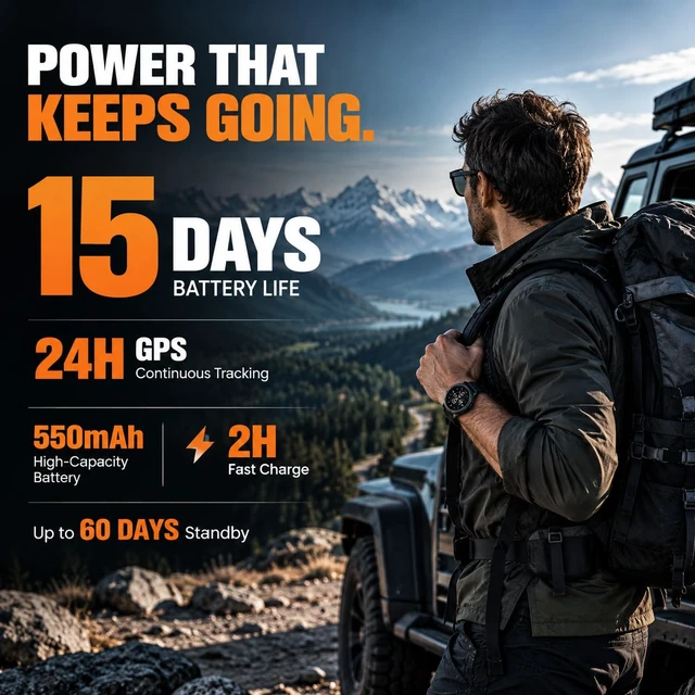 Alt view image 3 of 7 - Rugged Smart Watch for Men, Standalone GPS, 1.43" AMOLED, 3 Bands Altimeter, Compass & Barometer, 5ATM Waterproof, 24H GPS Tracking,15-Day Battery, Bluetooth Calls, For Android & iPhone,Black