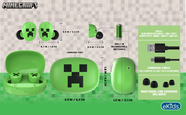 Alt view image 5 of 7 - Minecraft Bluetooth Earbuds with Mic, Wireless Earbuds with Charging Case