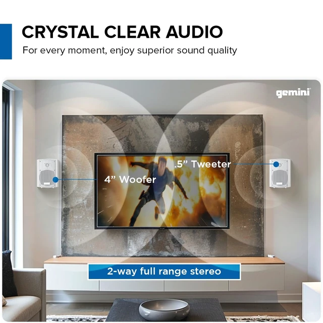 Alt view image 4 of 7 - 4" Outdoor Wall-Mount Speakers, Pair, White (GHSI-W400BT-PR-WHT) 4" outdoor wall-mount speakers, pair - IP44 all-weather - Bluetooth & AUX - remote, no amp needed