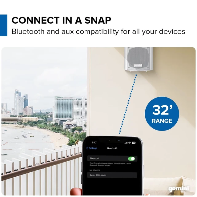 Alt view image 5 of 7 - 4" Outdoor Wall-Mount Speakers, Pair, White (GHSI-W400BT-PR-WHT) 4" outdoor wall-mount speakers, pair - IP44 all-weather - Bluetooth & AUX - remote, no amp needed