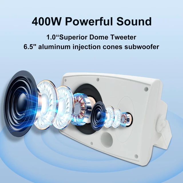 Alt view image 3 of 7 - 400W 6.5 Inch Passive Outdoor Speakers Wired Waterproof,2 Way Wall Mounted Speakers with Powerful Bass for Patio Home Indoor Poolside Deck Backyard (Pair,White)