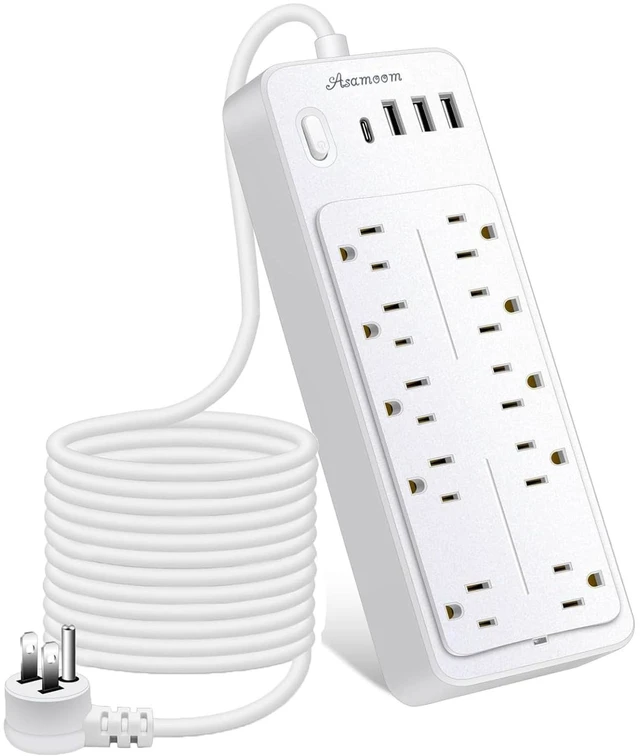 Main image of 25 FT Power Strip with 1625W/13A, 14 Outlets and 4 USB Ports (1 USB-C), 16AWG, 1700J Flat Plug, White, ETL Listed