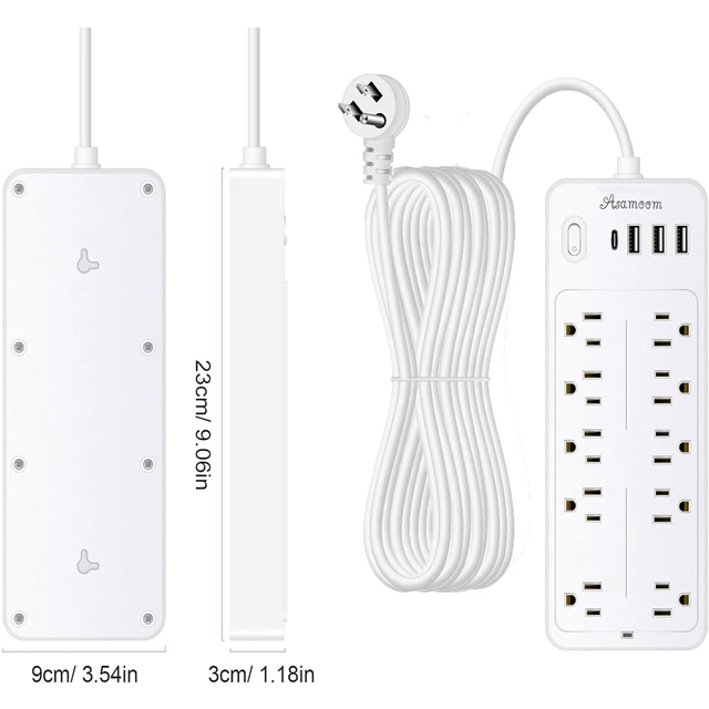 Alt view image 2 of 6 - 25 FT Power Strip with 1625W/13A, 14 Outlets and 4 USB Ports (1 USB-C), 16AWG, 1700J Flat Plug, White, ETL Listed