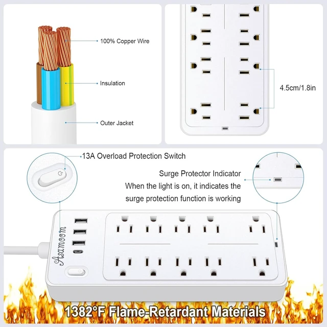 Alt view image 3 of 6 - 25 FT Power Strip with 1625W/13A, 14 Outlets and 4 USB Ports (1 USB-C), 16AWG, 1700J Flat Plug, White, ETL Listed