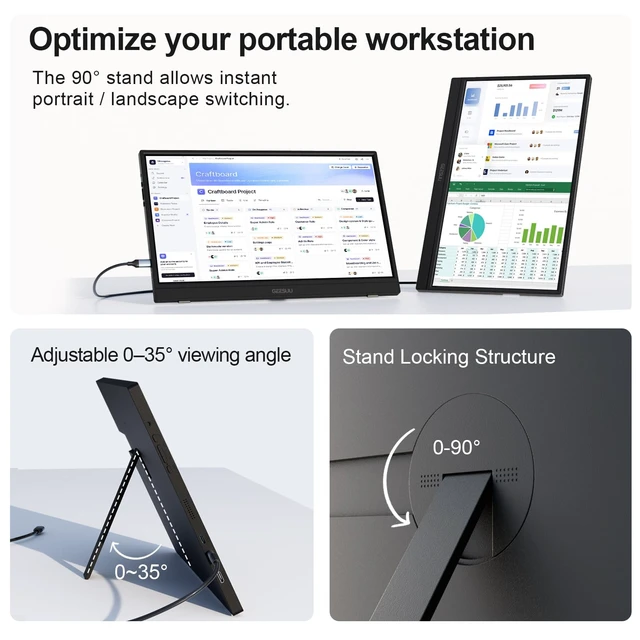 Alt view image 4 of 7 - Portable Monitor 15.6" FHD HDR IPS Travel Laptop Screen Extender With Protective Case,1080P USB-C HDMI Plug&Play External Display,Dual Speakers,Kickstand,for Mac/Phone/Gaming Device