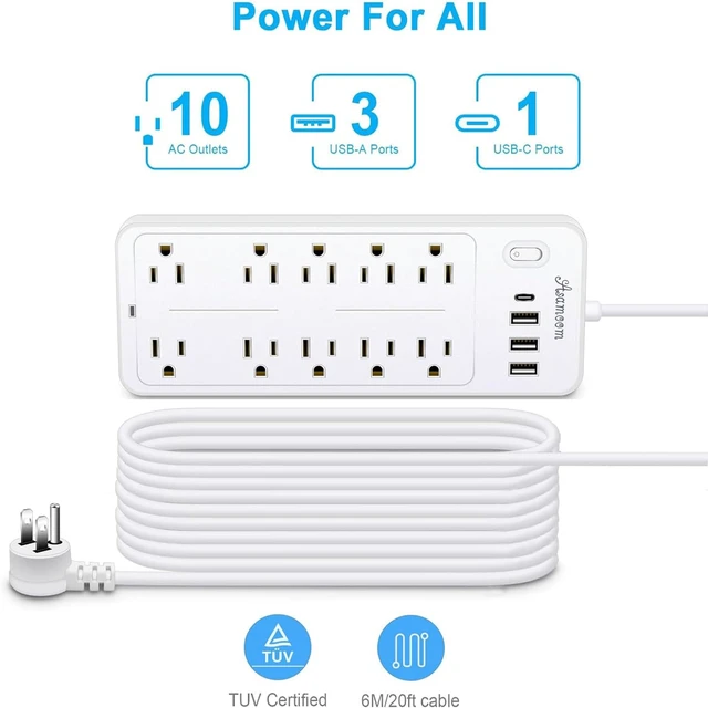 Alt view image 4 of 6 - 25 FT Power Strip with 1625W/13A, 14 Outlets and 4 USB Ports (1 USB-C), 16AWG, 1700J Flat Plug, White, ETL Listed