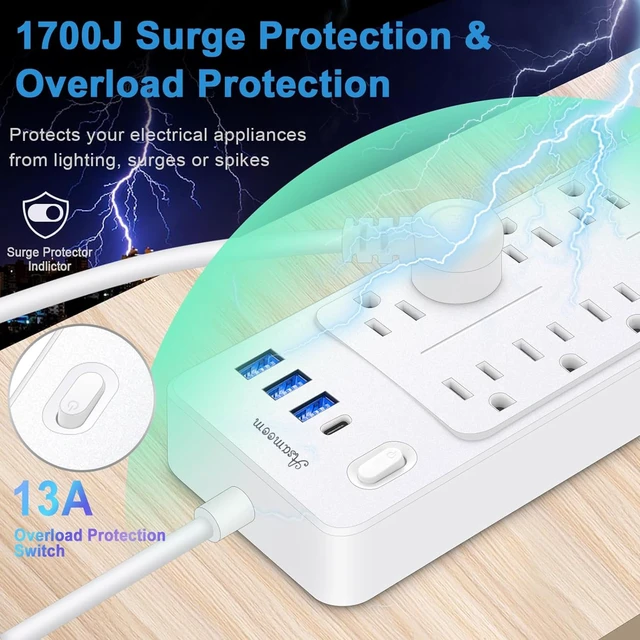 Alt view image 5 of 6 - 25 FT Power Strip with 1625W/13A, 14 Outlets and 4 USB Ports (1 USB-C), 16AWG, 1700J Flat Plug, White, ETL Listed