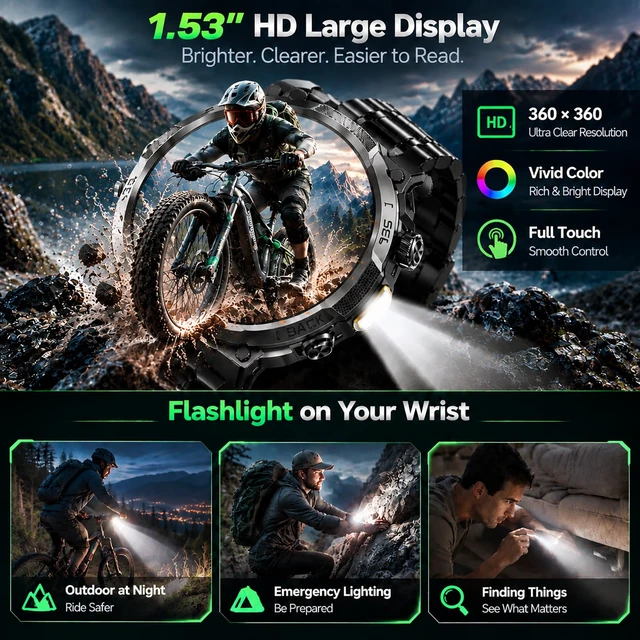 Alt view image 4 of 7 - Military Smart Watch for Men, 50+ Day Battery Life, Bluetooth Call 1.53" HD, 110+ sports modes, heart rate/sleep monitor, IP68 waterproof, Fitness Watch with LED Flashlight for iOS/Android