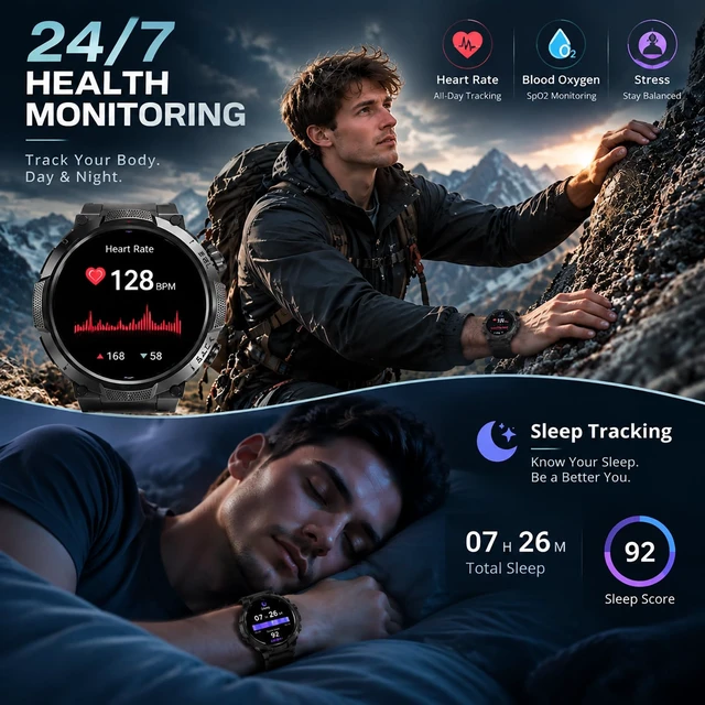 Alt view image 5 of 7 - Military Smart Watch for Men, 50+ Day Battery Life, Bluetooth Call 1.53" HD, 110+ sports modes, heart rate/sleep monitor, IP68 waterproof, Fitness Watch with LED Flashlight for iOS/Android