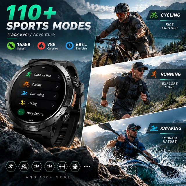 Alt view image 6 of 7 - Military Smart Watch for Men, 50+ Day Battery Life, Bluetooth Call 1.53" HD, 110+ sports modes, heart rate/sleep monitor, IP68 waterproof, Fitness Watch with LED Flashlight for iOS/Android