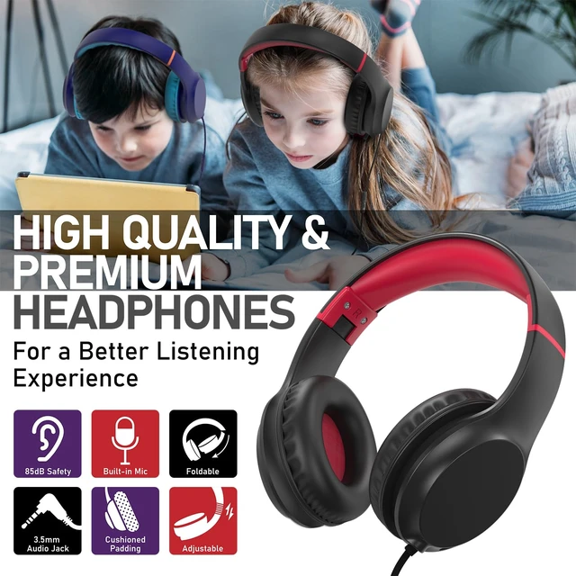 Alt view image 2 of 7 - Kids Headphones with 3.5mm Laced Cables, Children & Teens Over The Ear Foldable Adjustable Headset w/Built-in Mic for Smartphones/PC/Tablet/Laptop/School (Max Volume 85dB) - Black/Red