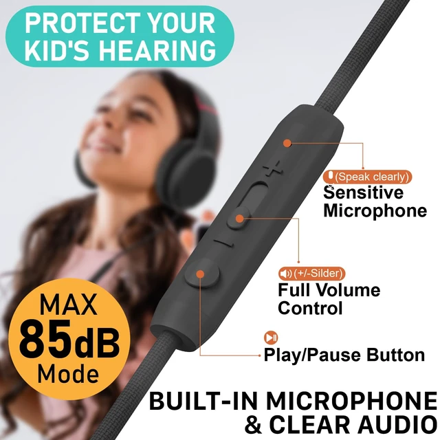 Alt view image 3 of 7 - Kids Headphones with 3.5mm Laced Cables, Children & Teens Over The Ear Foldable Adjustable Headset w/Built-in Mic for Smartphones/PC/Tablet/Laptop/School (Max Volume 85dB) - Black/Red