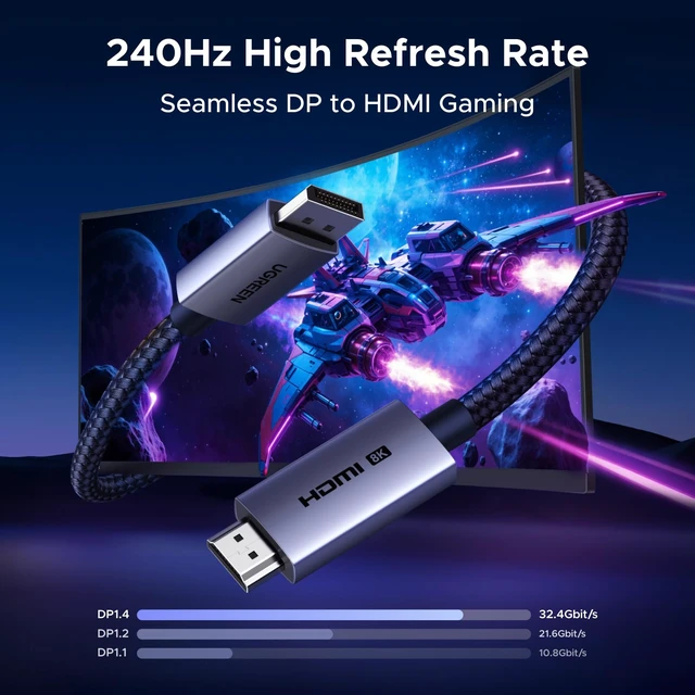 Alt view image 2 of 7 - 8K@60Hz Active Display Port to HDMI Unidirectional Cable, 10FT DP 1.4 to HDMI 2.1, 4K@240Hz 2K@240Hz 32.4Gbps Braided Cord, Male to Male Compatible with Monitor AMD NVIDIA, No VRR