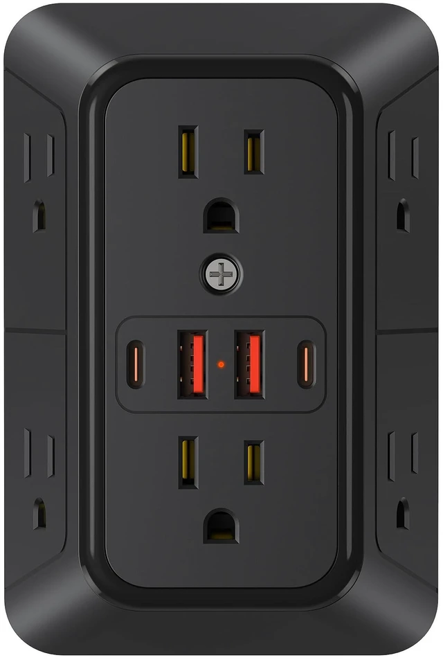 Main image of Black 6-Outlet Extender 1050 Joules, 4 USB Multi Plug Wall Outlet(2 USB C) Multi Plug Wall Outlet,6 Outlet Splitter,3-Sided Power Strip,Wide Space Wall Adapter for Home Office Kitchen Travel