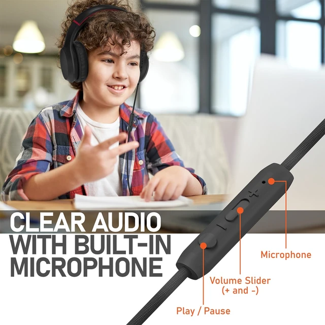 Alt view image 4 of 7 - Kids Headphones with 3.5mm Laced Cables, Children & Teens Over The Ear Foldable Adjustable Headset w/Built-in Mic for Smartphones/PC/Tablet/Laptop/School (Max Volume 85dB) - Black/Red