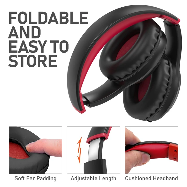 Alt view image 5 of 7 - Kids Headphones with 3.5mm Laced Cables, Children & Teens Over The Ear Foldable Adjustable Headset w/Built-in Mic for Smartphones/PC/Tablet/Laptop/School (Max Volume 85dB) - Black/Red