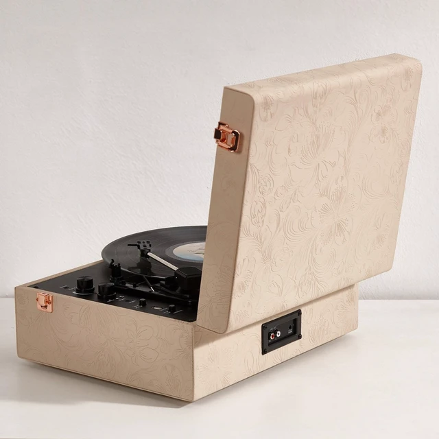 Alt view image 3 of 4 - Coryphaeus Vinyl Record Player 3-Speed Bluetooth Input and Output Built-in Speakers with Magnetic Cartridge Auto Off (Flora Engraved)