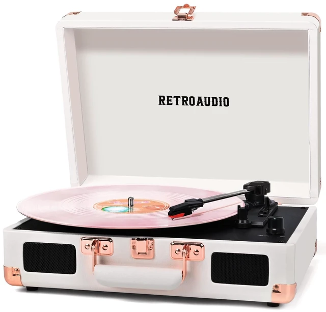 Main image of Vinyl Record Player with Built-in Speakers 3-Speed Vintage Record Player Bluetooth Portable Suitcase Turntable Belt-Driven LP Player Support RCA Output and Headphone Output (White Rose Gold)