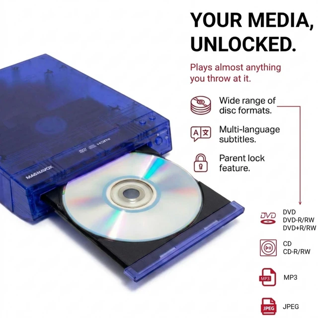 Alt view image 6 of 7 - Translucent DVD Player with HDMI Cable Included, Multi Format DVD CD MP3 Player, HDMI Output, Remote Control, PAL/NTSC Compatible, 2 Channel Audio