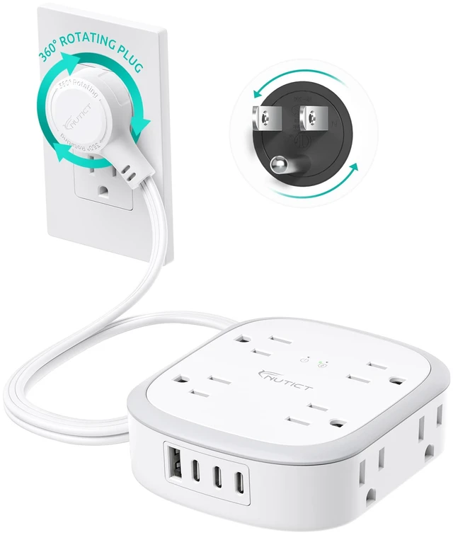Main image of 360° Rotating Flat Plug Surge Protector Power Strip, 1 FT Extension Cord 8 AC Outlets and 4 USB Ports (3 USB C), Wall Mount, Outlet Extender with Power Switch, Home Office Dorm Essentials, White