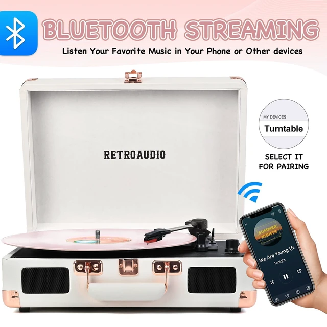 Alt view image 2 of 7 - Vinyl Record Player with Built-in Speakers 3-Speed Vintage Record Player Bluetooth Portable Suitcase Turntable Belt-Driven LP Player Support RCA Output and Headphone Output (White Rose Gold)