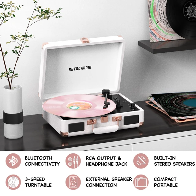 Alt view image 3 of 7 - Vinyl Record Player with Built-in Speakers 3-Speed Vintage Record Player Bluetooth Portable Suitcase Turntable Belt-Driven LP Player Support RCA Output and Headphone Output (White Rose Gold)