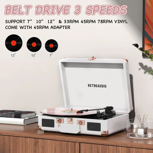 Alt view image 4 of 7 - Vinyl Record Player with Built-in Speakers 3-Speed Vintage Record Player Bluetooth Portable Suitcase Turntable Belt-Driven LP Player Support RCA Output and Headphone Output (White Rose Gold)