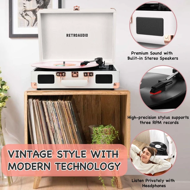 Alt view image 5 of 7 - Vinyl Record Player with Built-in Speakers 3-Speed Vintage Record Player Bluetooth Portable Suitcase Turntable Belt-Driven LP Player Support RCA Output and Headphone Output (White Rose Gold)