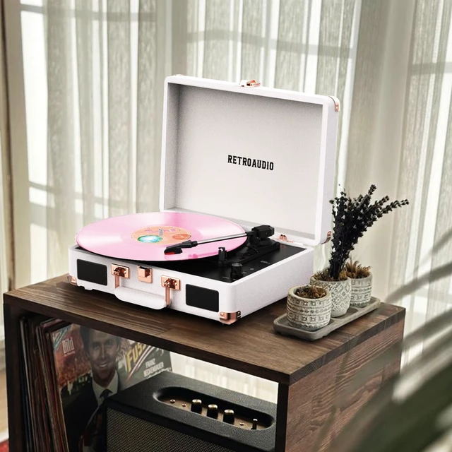 Alt view image 7 of 7 - Vinyl Record Player with Built-in Speakers 3-Speed Vintage Record Player Bluetooth Portable Suitcase Turntable Belt-Driven LP Player Support RCA Output and Headphone Output (White Rose Gold)
