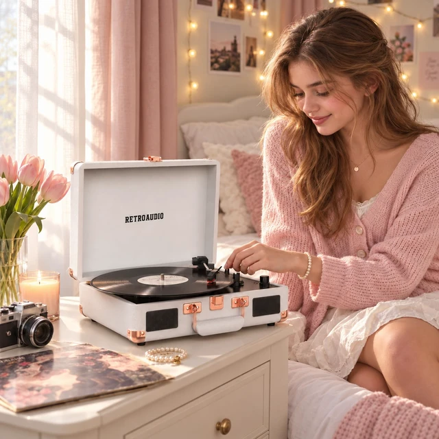 Alt view image 6 of 7 - Vinyl Record Player with Built-in Speakers 3-Speed Vintage Record Player Bluetooth Portable Suitcase Turntable Belt-Driven LP Player Support RCA Output and Headphone Output (White Rose Gold)