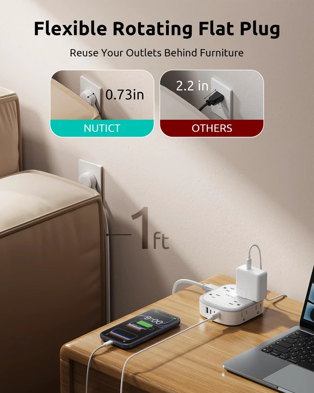 Alt view image 6 of 7 - 360° Rotating Flat Plug Surge Protector Power Strip, 1 FT Extension Cord 8 AC Outlets and 4 USB Ports (3 USB C), Wall Mount, Outlet Extender with Power Switch, Home Office Dorm Essentials, White