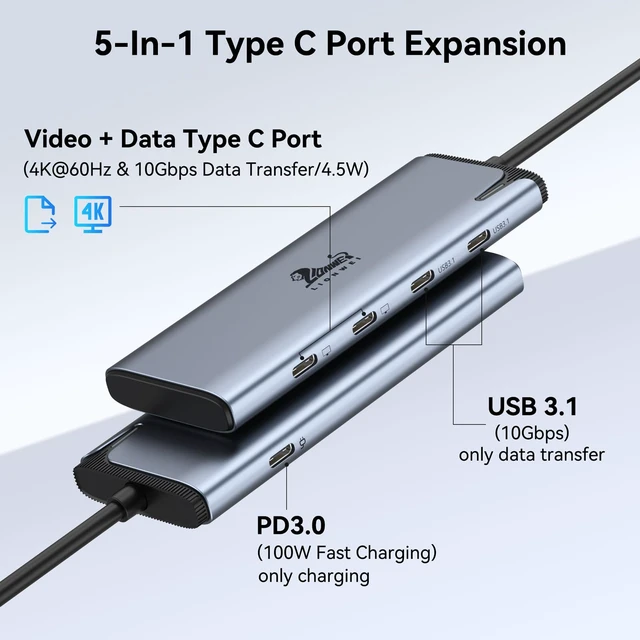 Alt view image 2 of 7 - USB C Splitter Dual Monitors for MacBook Pro, 2USB-C Video Output 4K@60Hz, 10Gbps Data Transfer, 100W PD Charging, Dual Monitor Adapter Dongle for USB C Monitor, Windows, MacBook Pro/Air