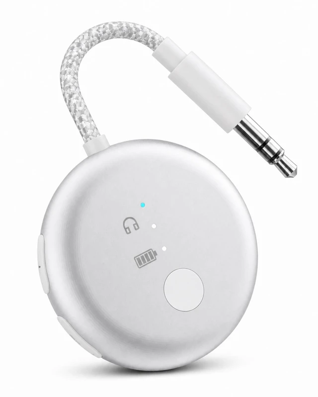 Main image of SoundJet R1 - Airplane Bluetooth Adapter for AirPods, 25H Qualcomm aptX Adaptive & HD, dual-headphone pairing, 25-hour battery, USB-C charging, and single/dual airline plugs