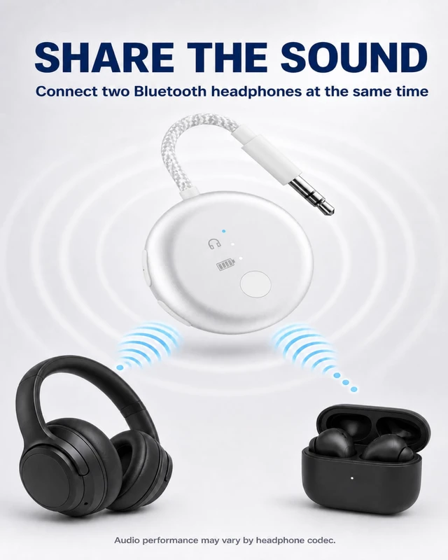 Alt view image 3 of 7 - SoundJet R1 - Airplane Bluetooth Adapter for AirPods, 25H Qualcomm aptX Adaptive & HD, dual-headphone pairing, 25-hour battery, USB-C charging, and single/dual airline plugs