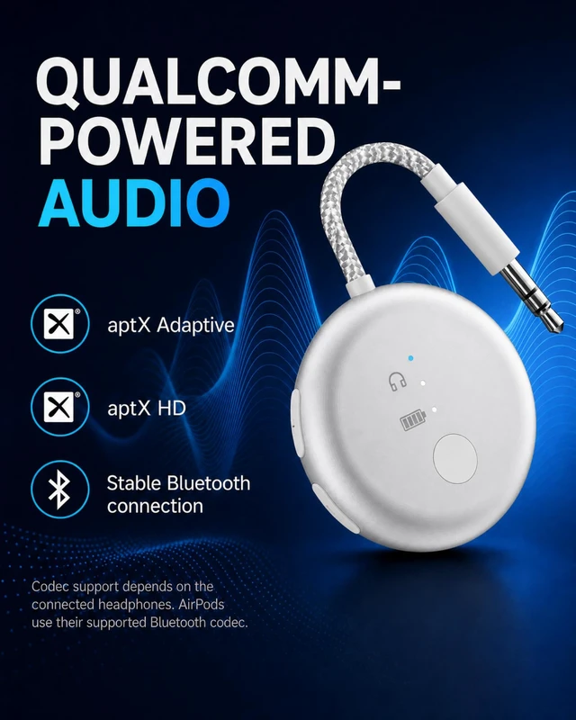 Alt view image 4 of 7 - SoundJet R1 - Airplane Bluetooth Adapter for AirPods, 25H Qualcomm aptX Adaptive & HD, dual-headphone pairing, 25-hour battery, USB-C charging, and single/dual airline plugs