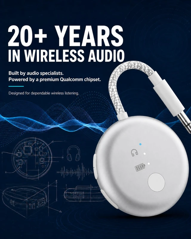 Alt view image 5 of 7 - SoundJet R1 - Airplane Bluetooth Adapter for AirPods, 25H Qualcomm aptX Adaptive & HD, dual-headphone pairing, 25-hour battery, USB-C charging, and single/dual airline plugs