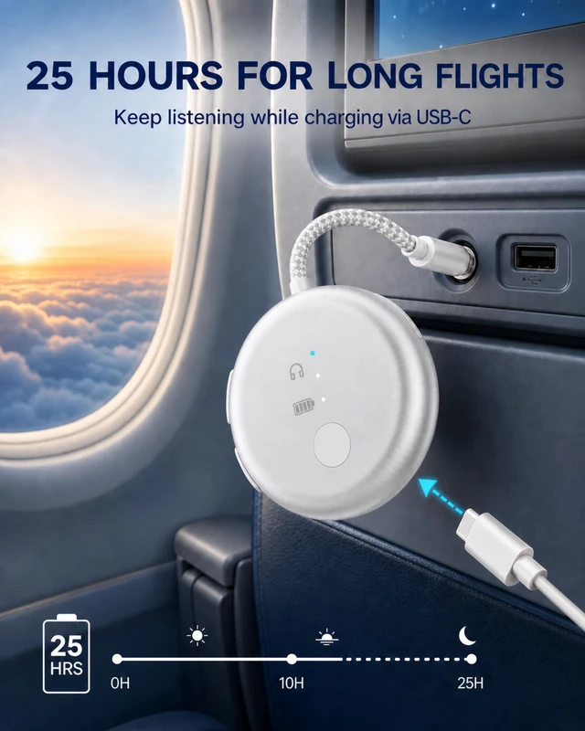 Alt view image 6 of 7 - SoundJet R1 - Airplane Bluetooth Adapter for AirPods, 25H Qualcomm aptX Adaptive & HD, dual-headphone pairing, 25-hour battery, USB-C charging, and single/dual airline plugs