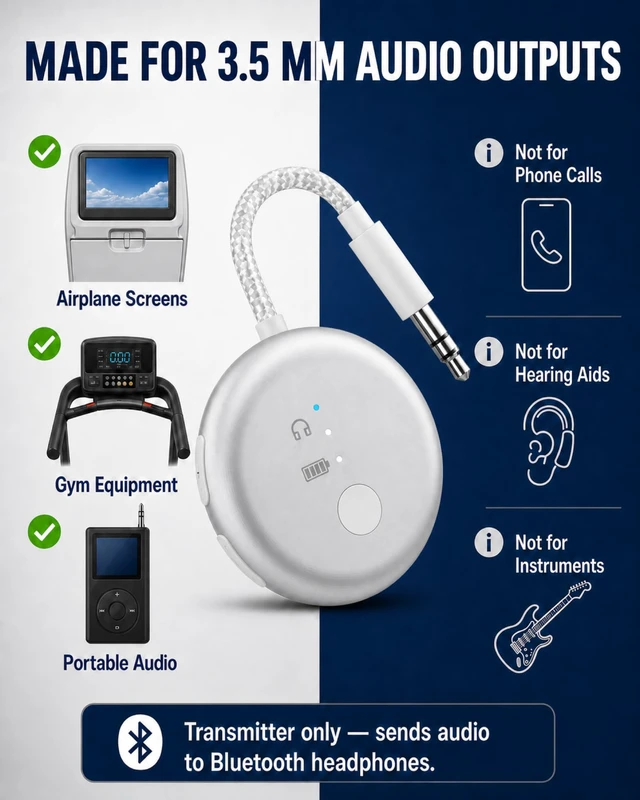 Alt view image 7 of 7 - SoundJet R1 - Airplane Bluetooth Adapter for AirPods, 25H Qualcomm aptX Adaptive & HD, dual-headphone pairing, 25-hour battery, USB-C charging, and single/dual airline plugs