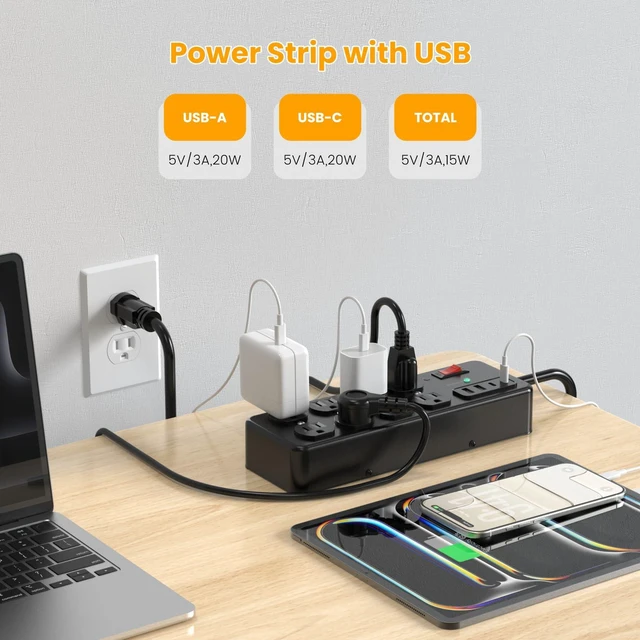 Alt view image 5 of 7 - Magnetic Heavy Duty Power Strip with 2700J Surge Protector,20W,8AC 12 AWG 10FT Extension Cord with Multiple Outlets,1USB C,1 USB A Outlet Extender for Office,Garage Workshop,ETL Listed