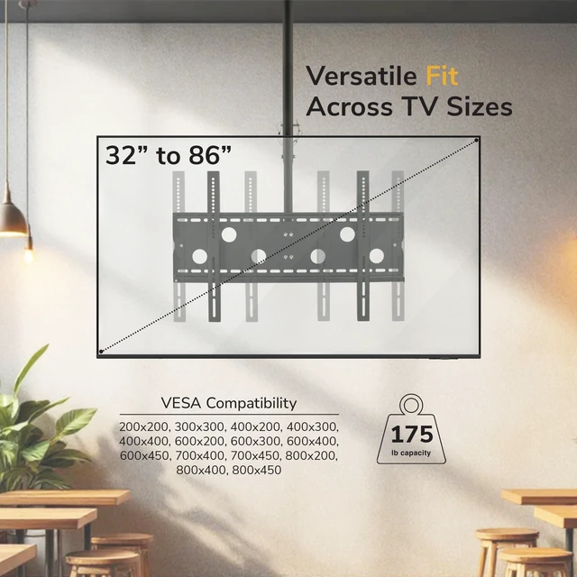 Alt view image 3 of 7 - Ceiling TV Mount for 3286 Inch LCD LED OLED TVs Hanging Full Motion Swivel, Tilt & Height Adjustable Bracket 175 lb, VESA 800x450 Home, Gym, Patio, Restaurant & Commercial Use