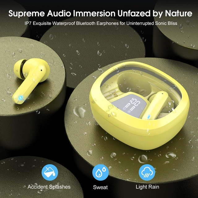 Alt view image 5 of 7 - Wireless Earbuds Bluetooth 5.4 in Ear Earbuds HiFi Stereo Headphones,Yellow 4 ENC Noise Cancelling Mic, 45H, LED Display, IP7 Waterproof Ear Buds for Android/iOS, Earphones for Phone Sports