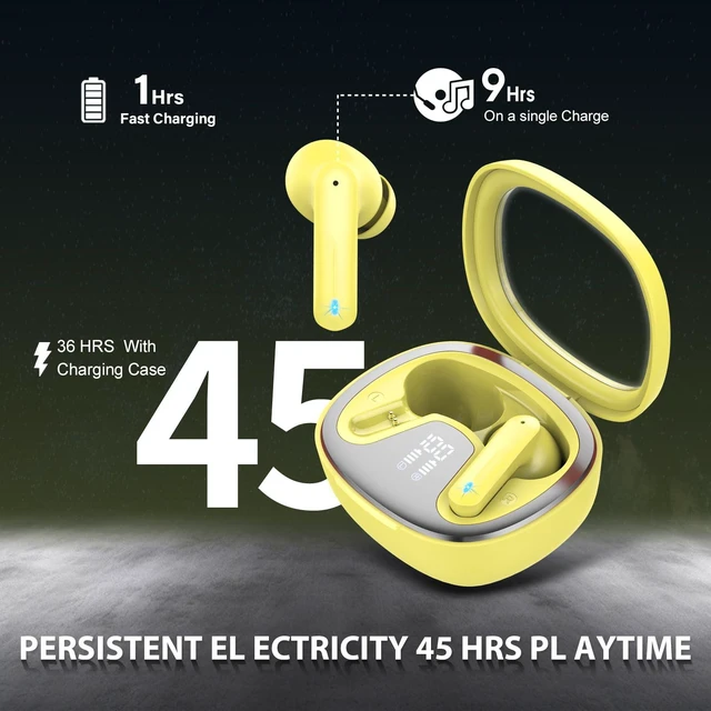 Alt view image 4 of 7 - Wireless Earbuds Bluetooth 5.4 in Ear Earbuds HiFi Stereo Headphones,Yellow 4 ENC Noise Cancelling Mic, 45H, LED Display, IP7 Waterproof Ear Buds for Android/iOS, Earphones for Phone Sports