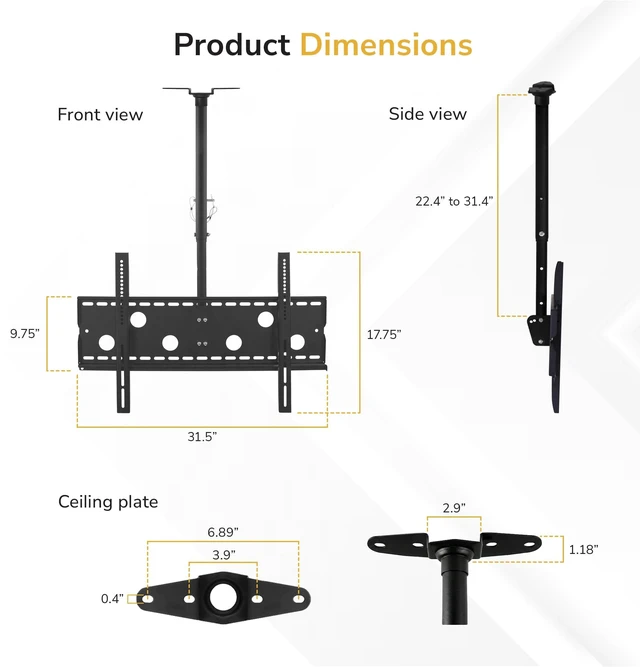 Alt view image 7 of 7 - Ceiling TV Mount for 3286 Inch LCD LED OLED TVs Hanging Full Motion Swivel, Tilt & Height Adjustable Bracket 175 lb, VESA 800x450 Home, Gym, Patio, Restaurant & Commercial Use