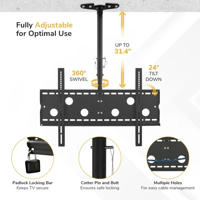 Alt view image 5 of 7 - Ceiling TV Mount for 3286 Inch LCD LED OLED TVs Hanging Full Motion Swivel, Tilt & Height Adjustable Bracket 175 lb, VESA 800x450 Home, Gym, Patio, Restaurant & Commercial Use