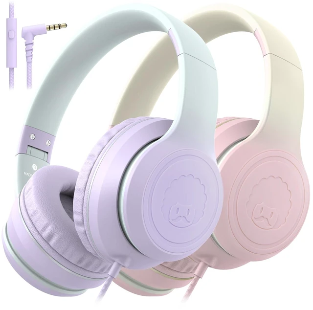 Main image of L22 2Pcs Foldable Wired Headphones for Kids Girls Boys with Mic Stereo 3.5mm Corded Head phones for School Classroom Airplane Chromebooks Computer Laptop Phones (Purple+Pink)